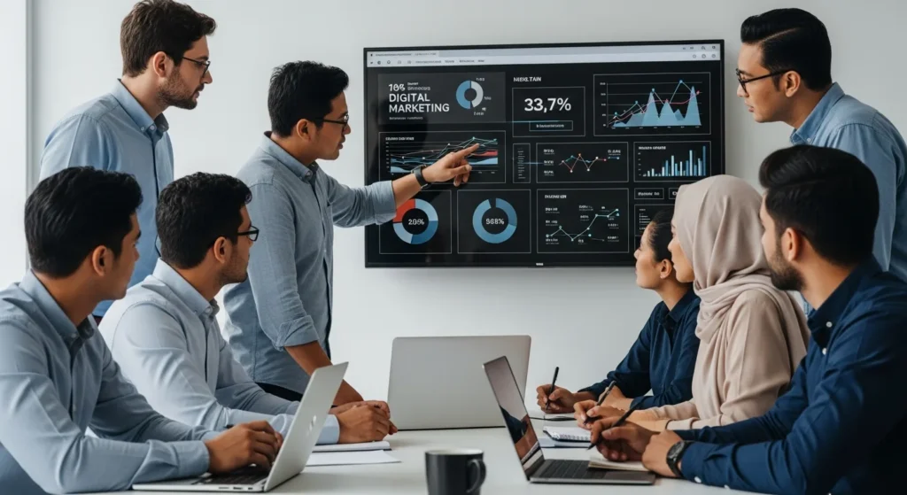 Team meeting reviewing digital marketing data dashboards on screen. How PPC Company Australia Is Revolutionizing Digital Marketing in Tech.