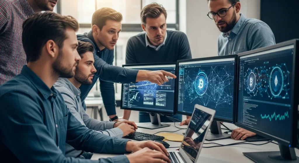 Team reviewing blockchain security and How Spamdexing SEO Spam Definition Is Changing Tech in Crypto on screens with Bitcoin and Ethereum symbols.