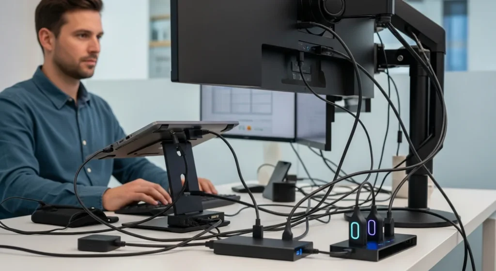 Man uses docks and hubs for a triple monitor setup. Learn How To Connect 3 Monitors To A Laptop: Gadgets & Gear Guide.
