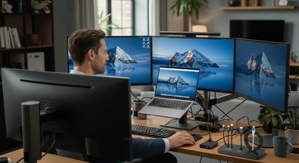 Maximizing productivity: Learn How To Connect Multiple Monitors To Laptop: Ultimate Gadgets & Gear Guide with a hub and cables.