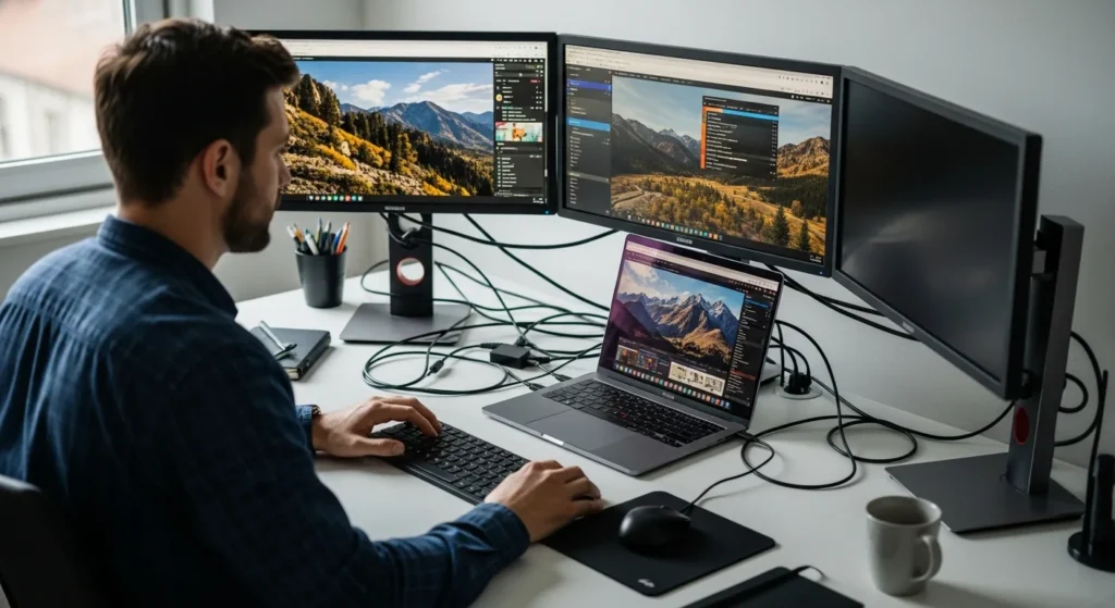 How To Connect Multiple Screens To A Laptop: Ultimate Gadgets & Gear Guide setup featuring a man using two external monitors and a laptop screen.