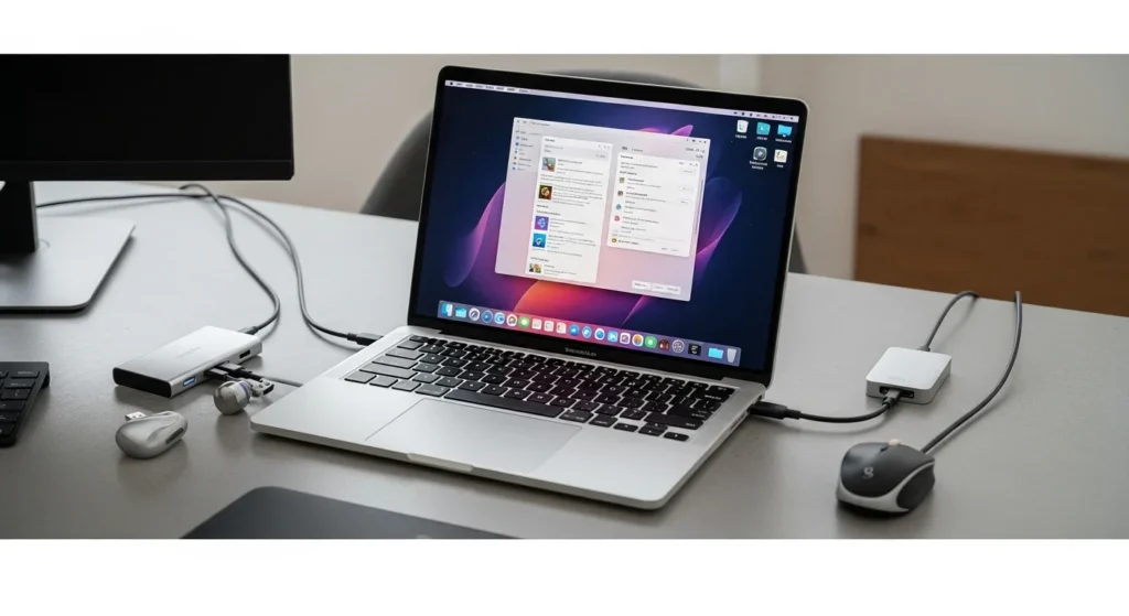 Laptop setup with docking station and peripherals. How To Make My Laptop Not Go To Sleep: Ultimate Gadgets & Gear Guide shows connectivity.