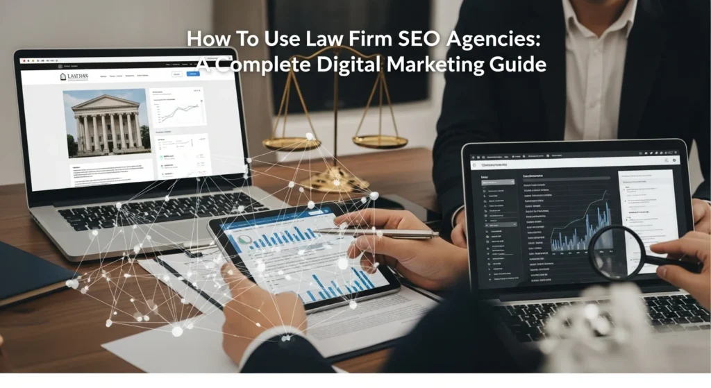 Laptop screen showing SEO data for lawyers, titled: How To Use Law Firm SEO Agencies: A Complete Digital Marketing Guide.