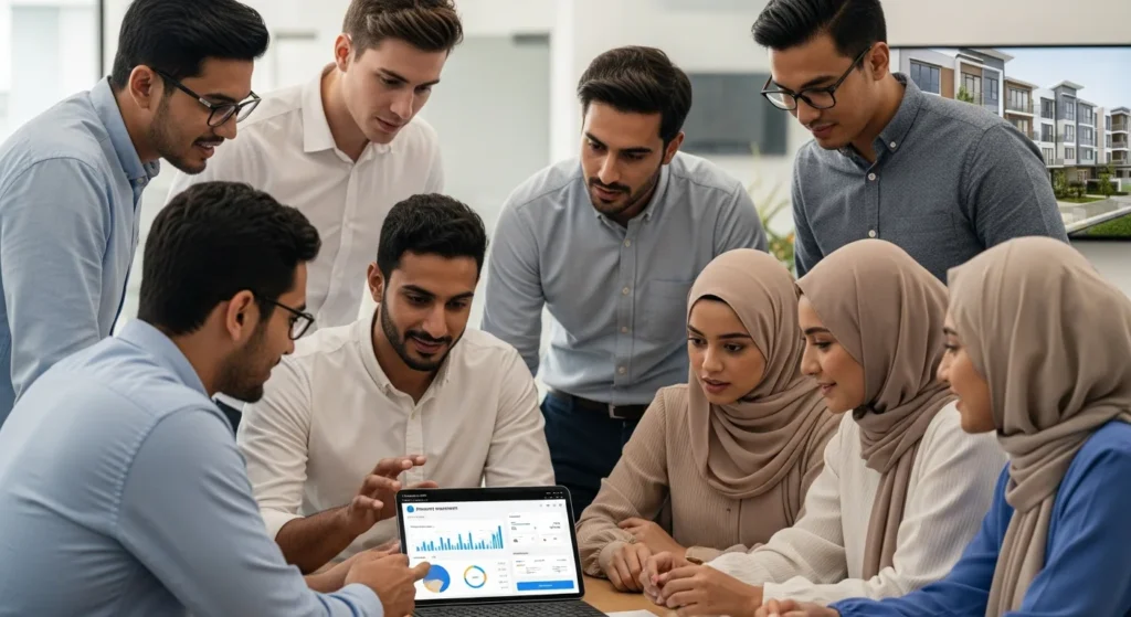 Diverse group reviewing charts about investment strategy. Learn How To Use Minimum Down Payment For Multi Family Property: Fintech Guide 2026.