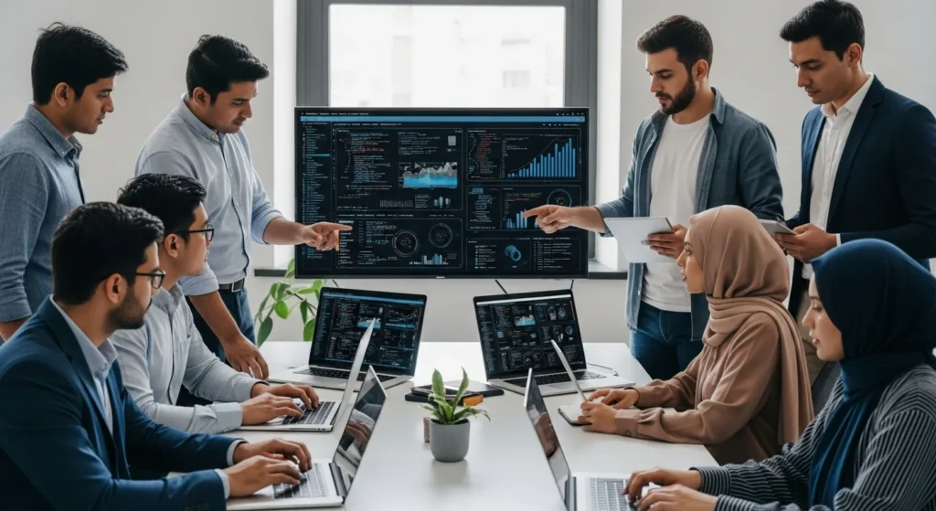 Team analyzing generative engine data on a big screen. Discover How Top AI Visibility Products for Generative Engine Optimization Work in 2025.