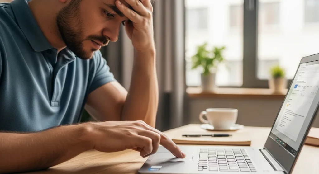 Stressed man points at a Lenovo laptop touchpad. How Touchpad Is Not Working In Lenovo Laptop Is Changing Tech? Troubleshooting hardware fails.