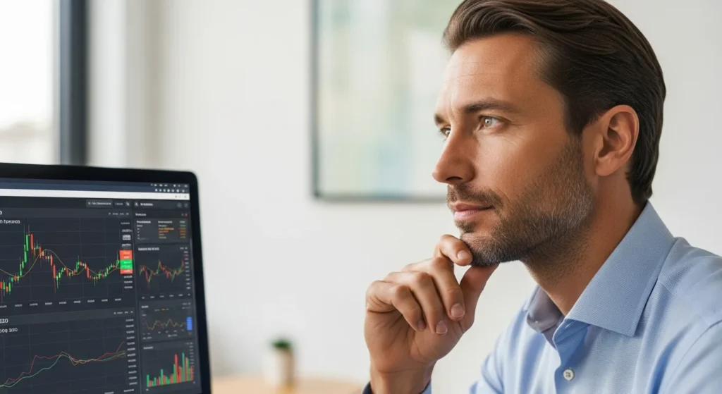 A man analyzing crypto trading charts on a laptop. Is a Crypto SEO Agency Good for Business? 2026 Analysis.
