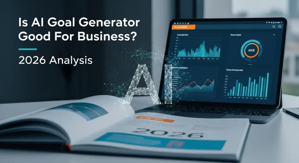 Laptop showing a business data dashboard with a holographic "AI" logo and open book. Is AI Goal Generator Good For Business? 2026 Analysis.