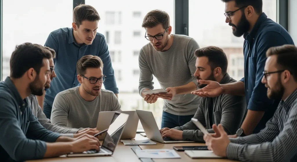 Team analyzes data in a meeting. Is CRM for VC Good for Business? Enterprise Tech Analysis.