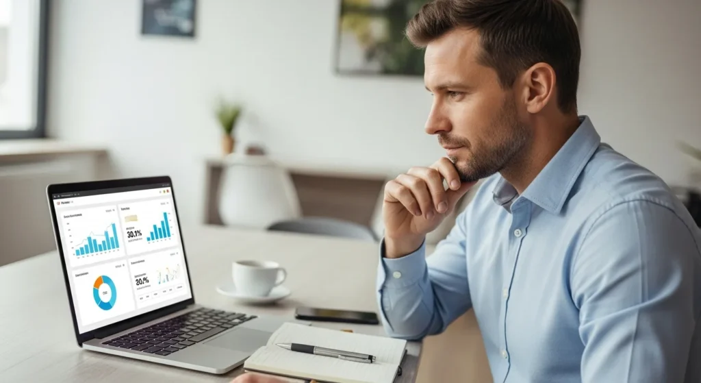 Man reviewing analytics dashboard on laptop, contemplating performance data. Is CTR in Email Marketing Good for Business? Digital Marketing Guide.