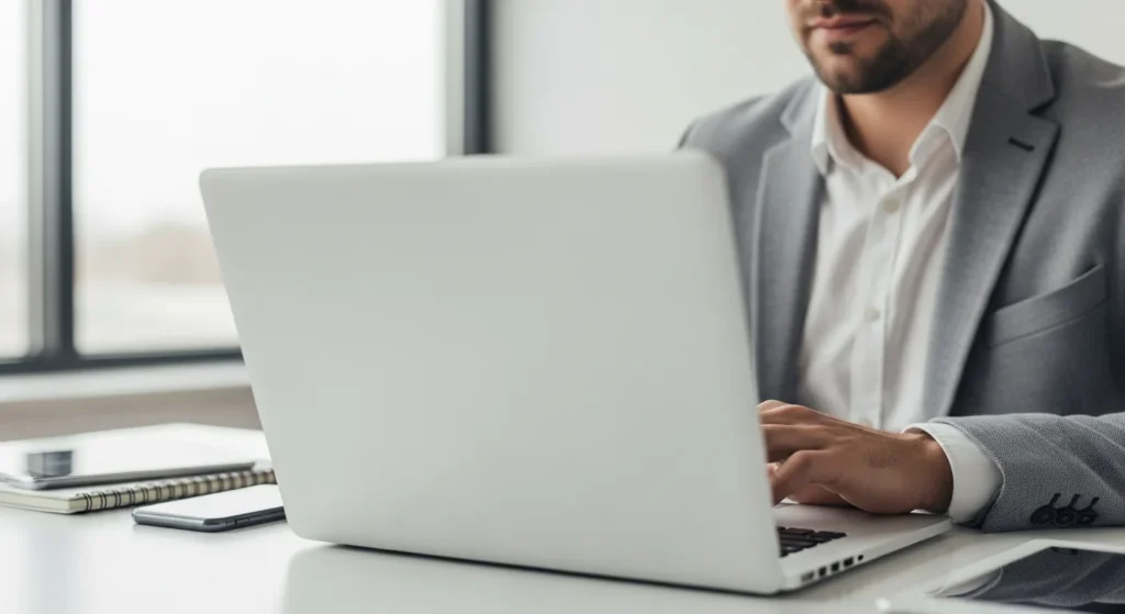 Businessman typing on a laptop. Is Laptop 8GB RAM i5 Good for Business? Gadgets & Gear Guide answers this query.