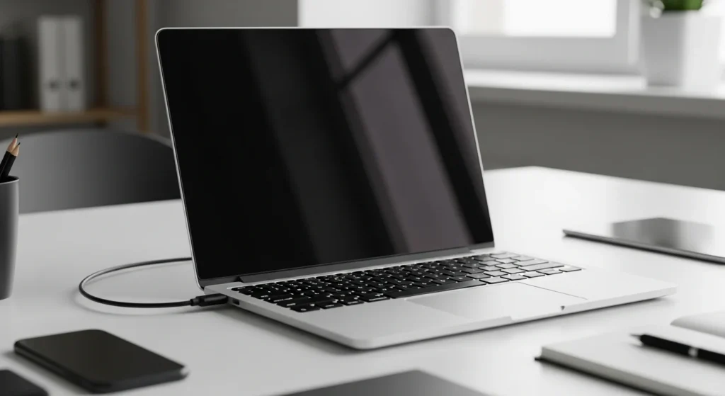 Laptop plugged in on a desk, screen off. Is Laptop Charging But Not Turning On Good For Business? Gadgets & Gear Guide.