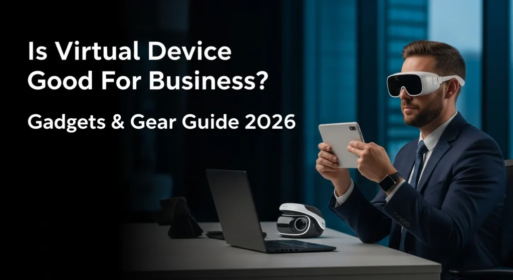 Tech professional using VR glasses and tablet. Is Virtual Device Good For Business? Gadgets & Gear Guide 2026.