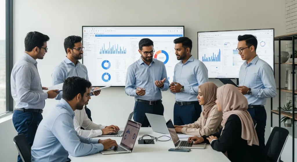 Team reviewing data dashboard, showcasing Oracle ERP Cloud Managed Services: Key Benefits for Enterprise Tech success.