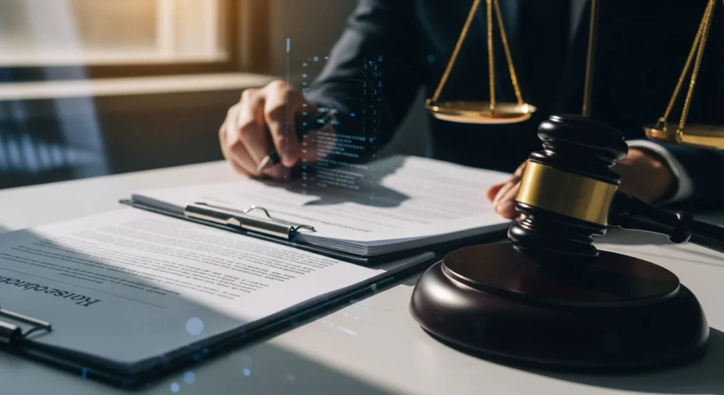 Attorney reviewing documents next to a gavel and data graphics. Considering Salesforce Data Breach Lawsuits September 2025: Good for Business?