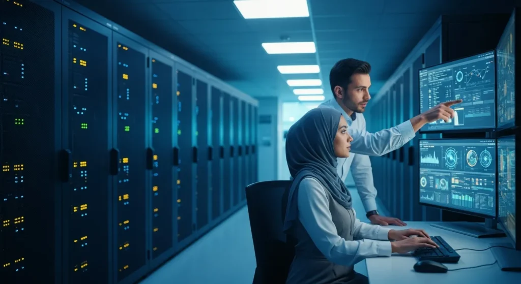 Two IT professionals reviewing system performance data on multiple monitors in a dark data center aisle lined with active server racks.