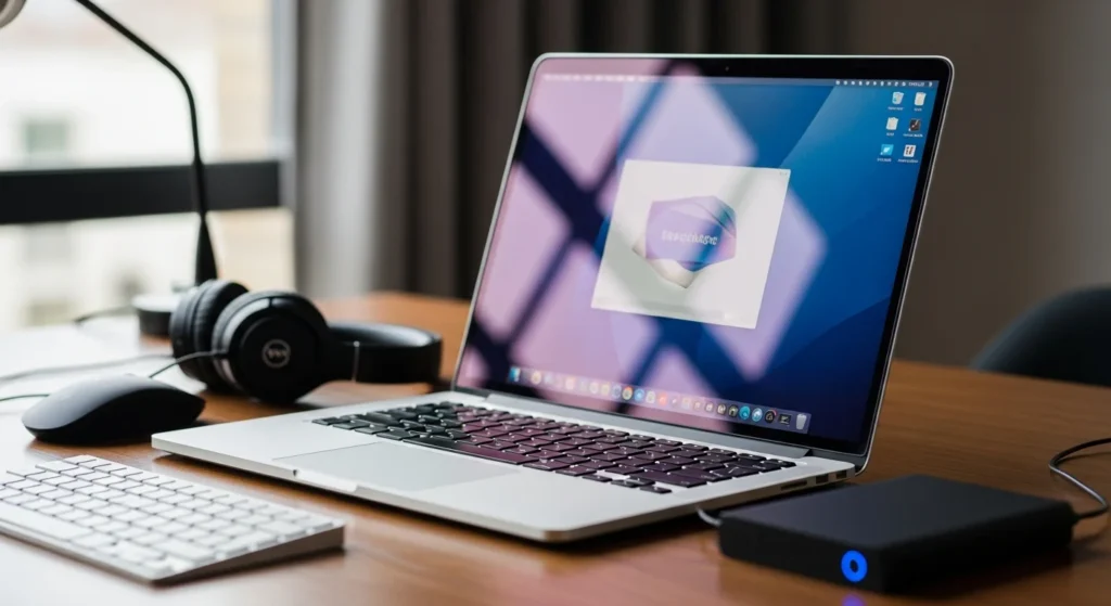 Laptop on desk with headphones & mouse. Should You Use a Laptop With LCD Screen? Gadgets & Gear Guide 2026.