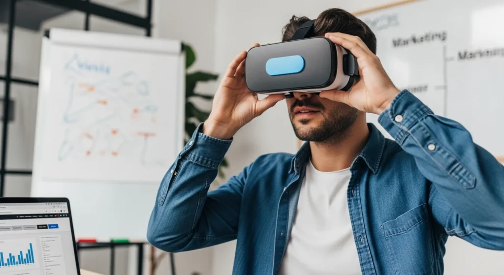 Man in denim shirt uses a VR headset in an office, reviewing marketing analytics. Should You Use Bluetooth Virtual Reality Headset? Digital Marketing Guide