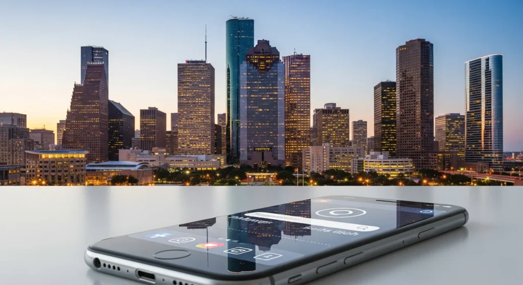 Houston skyline at twilight, reflecting on a smartphone. Should You Use Houston SEO Social Marketing? Digital Marketing Guide 2026.