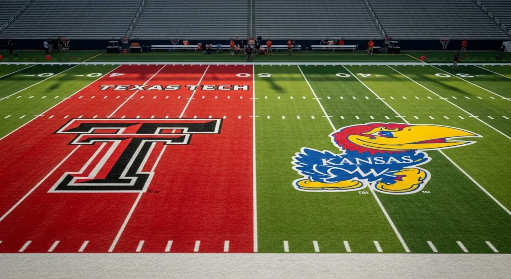 Texas Tech vs Kansas Football: Should You Watch? 2026 General News, featuring TTU Double T logo on red turf and KU Jayhawk logo on green turf at midfield.