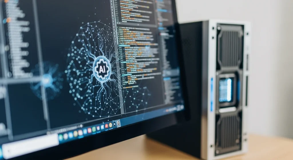 AI automation display showing code and a neural network graphic. The Future of AI for Test Case Generation: Revolutionizing Software Testing.