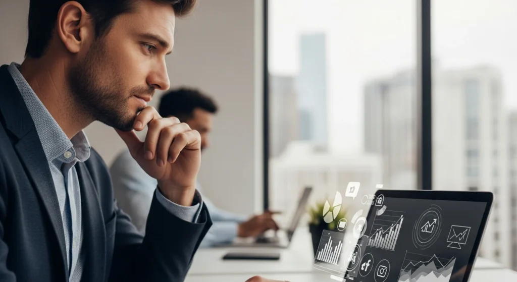 Strategizing The Future of Best HVAC SEO Digital Agency: Digital Marketing Trends 2026. Man analyzes graphs on laptop.