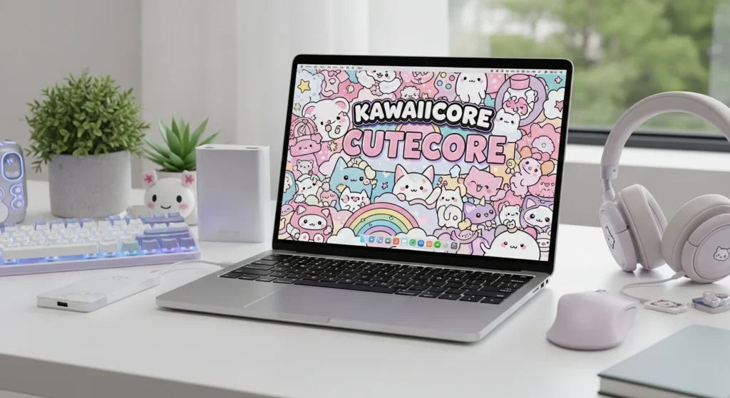 The Future of Kawaiicore Cutecore Wallpaper Laptop: Gadgets & Gear Trends. Pastel desk setup with pink peripherals and cute screen art.