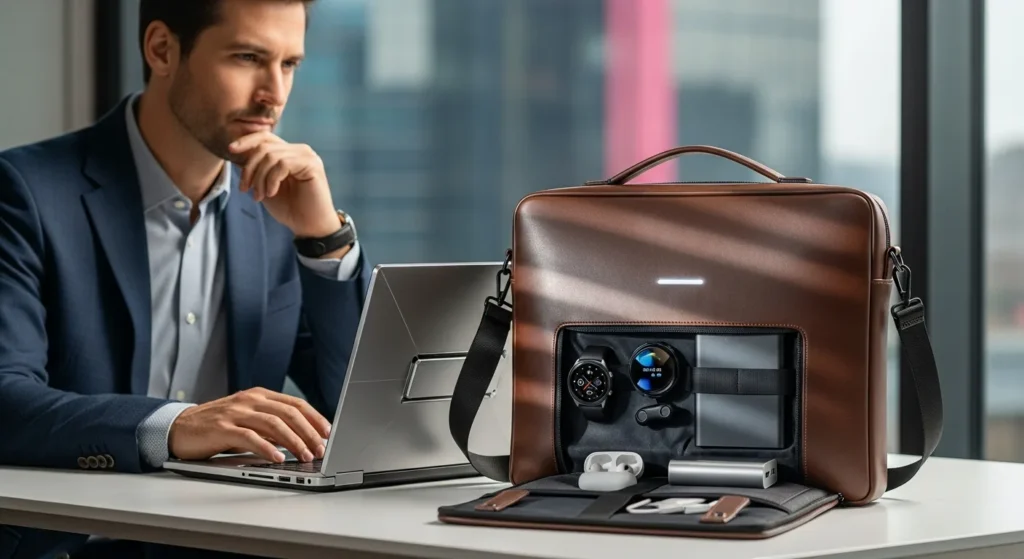 Man with laptop and tech-filled smart bag. Highlighting The Future of Laptop Leather Bags for Men: Gadgets & Gear Trends 2026.