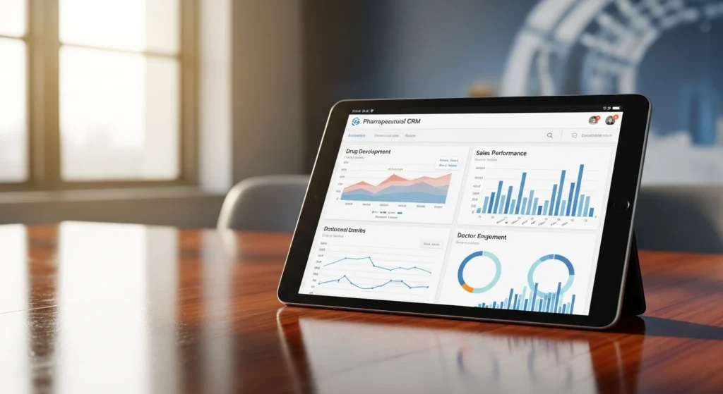 Tablet showing a Pharma CRM dashboard with sales and drug development metrics. The Future of Pharma CRM Tools: Enterprise Tech Revolution 2026.
