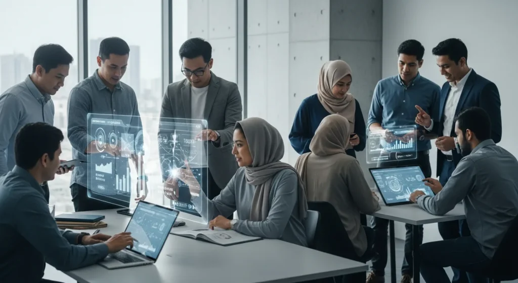 Professionals examine holographic data displays. The Future of Rédaction SEO: Digital Marketing Trends 2026 strategy meeting.