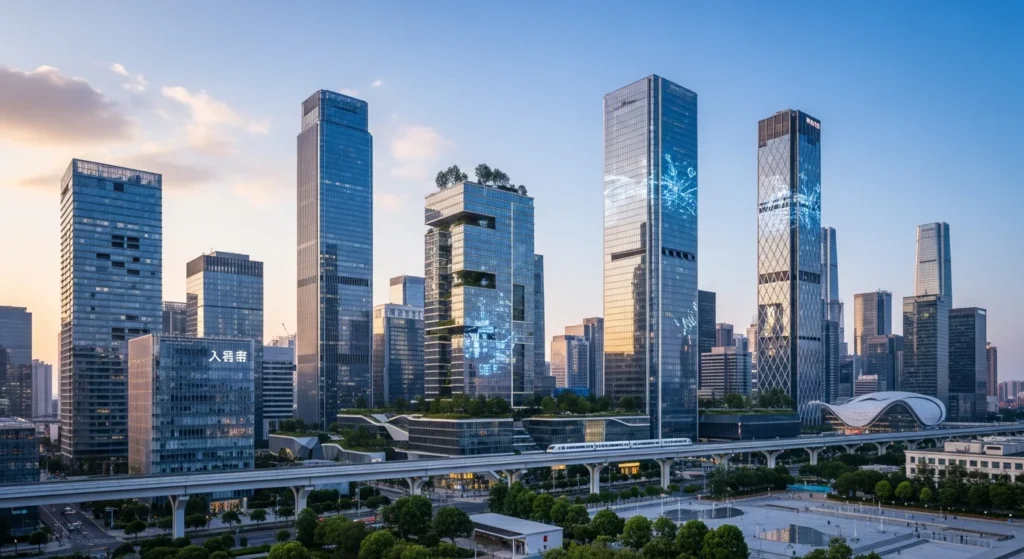 City skyline showing modern skyscrapers, elevated rail, and digital displays. Illustrating The Future of Top Tech Cities: 2026 General News Analysis.