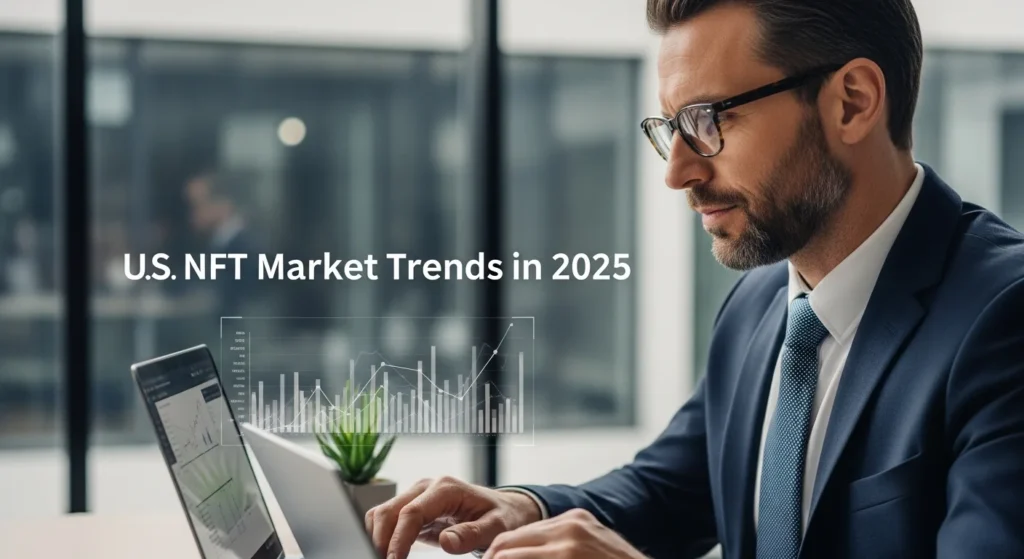 Businessman analyzing data for US NFT Market Trends 2025: Crypto Analysis & Predictions.