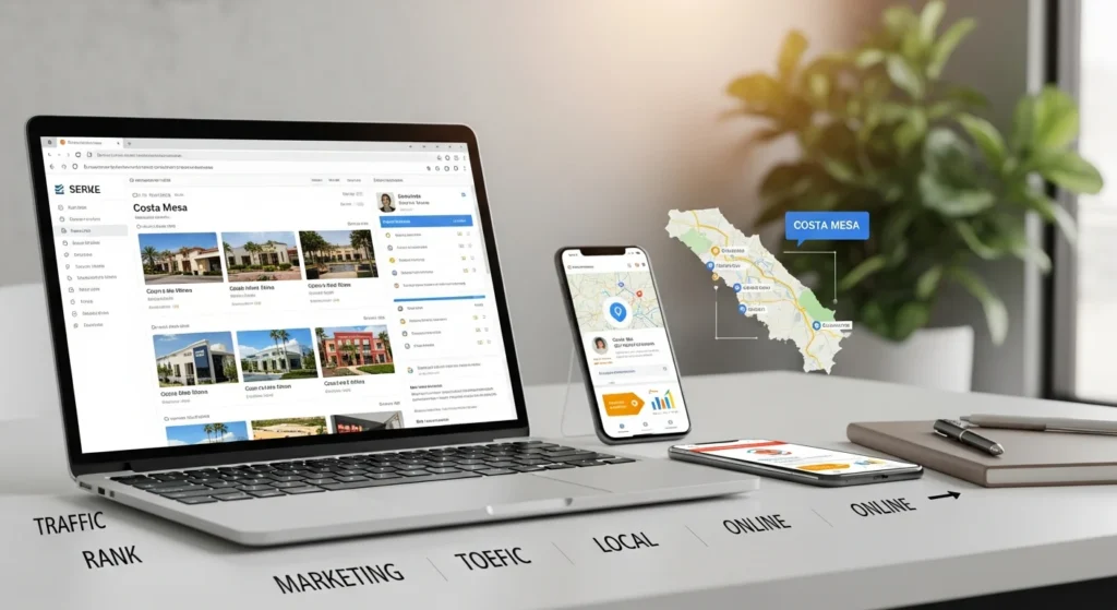 Laptop and phone displaying local Costa Mesa business listings and maps. What Are The Benefits Of Costa Mesa SEO? Digital Marketing Guide for better rank and traffic.