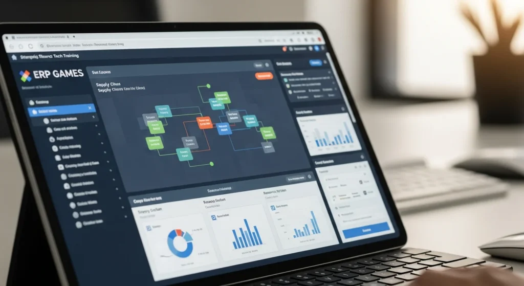 Tablet displaying an ERP Games dashboard. What Is ERP Games? A Complete Guide to Enterprise Tech Training offers enterprise tech training.