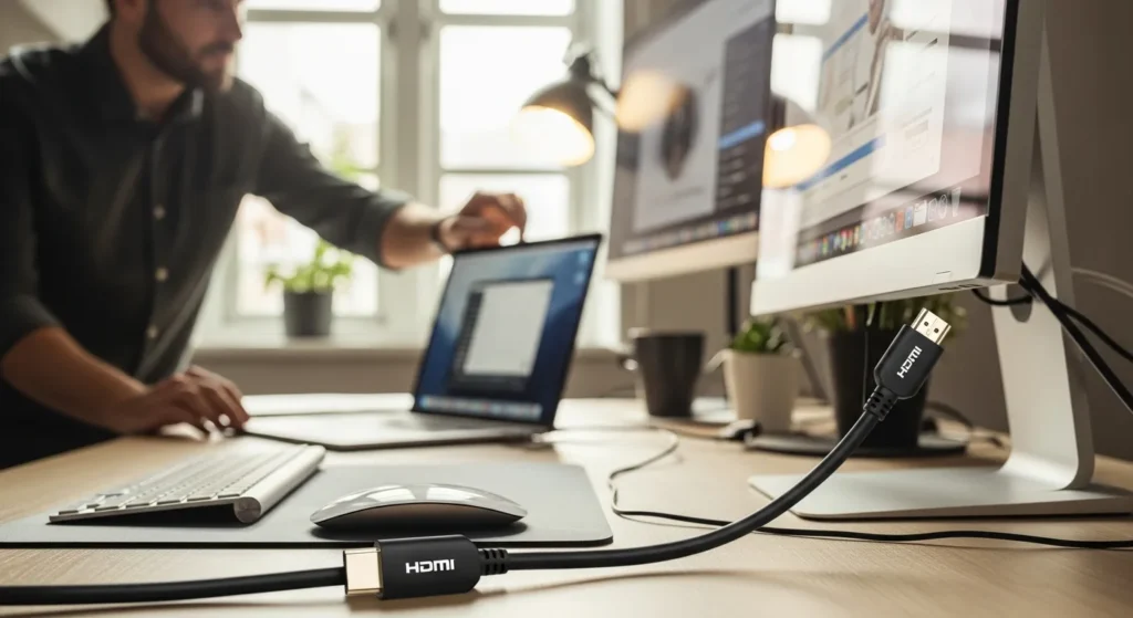 HDMI cable connecting monitor to laptop on a modern desk. What Is HDMI Cable For Monitor To Laptop? Ultimate Gadgets & Gear Guide