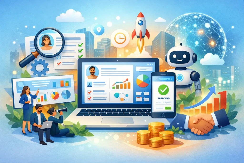 TheHRWP HR platform dashboard displayed on laptop and mobile with analytics, automation, and workforce management visuals.