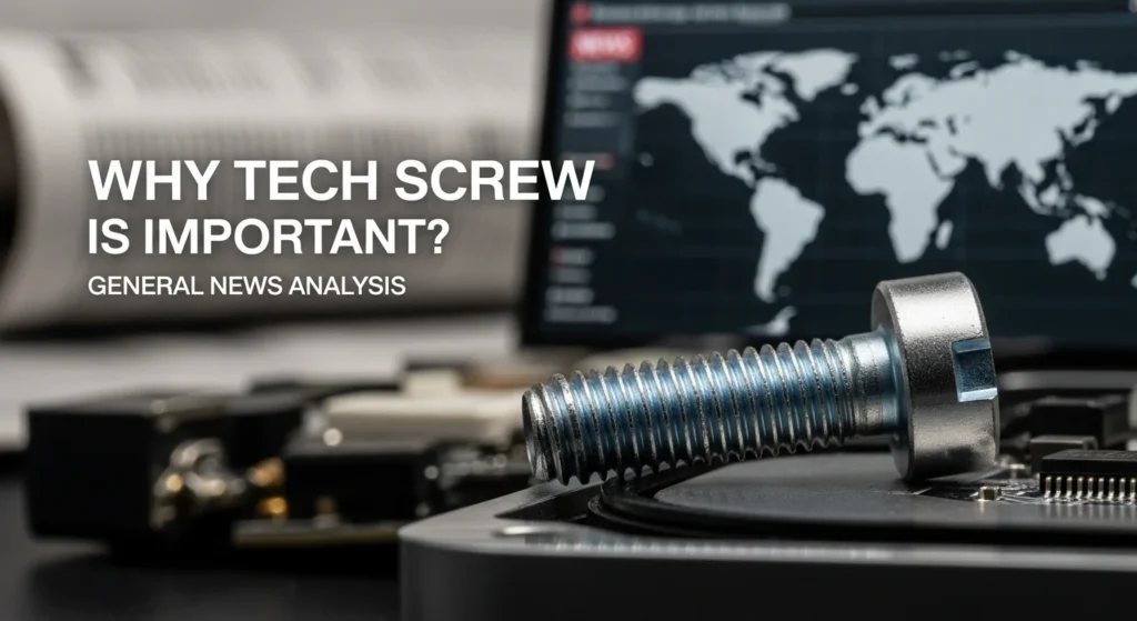 Metallic screw on a circuit board with global map background. Why Tech Screw Is Important? General News Analysis 2026.