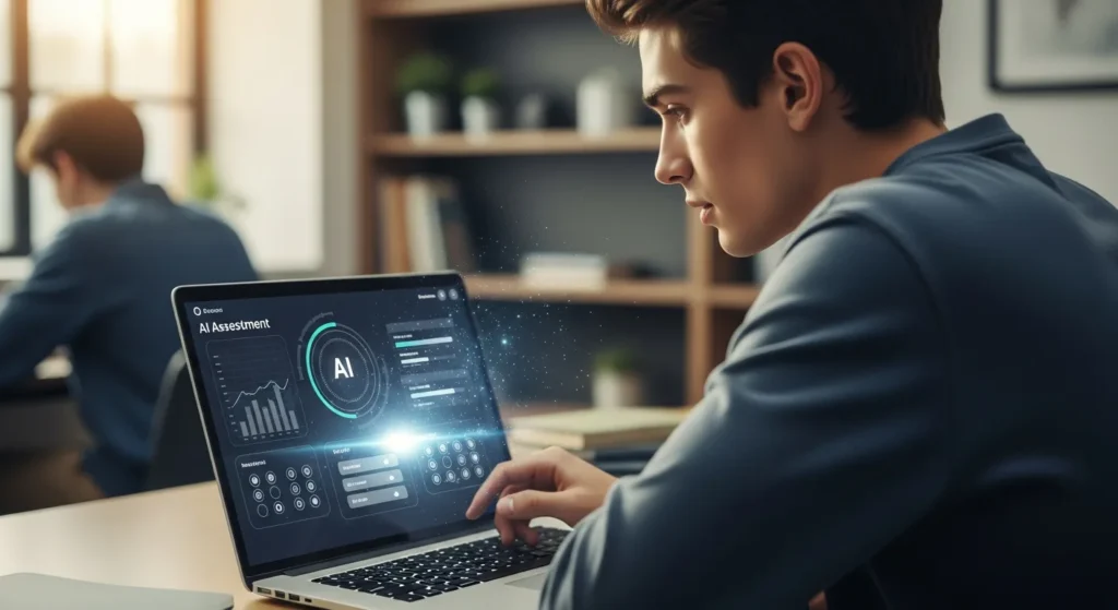 Student using a laptop showing How AI Assessment Tools for Students Work: A Complete Guide on the screen.