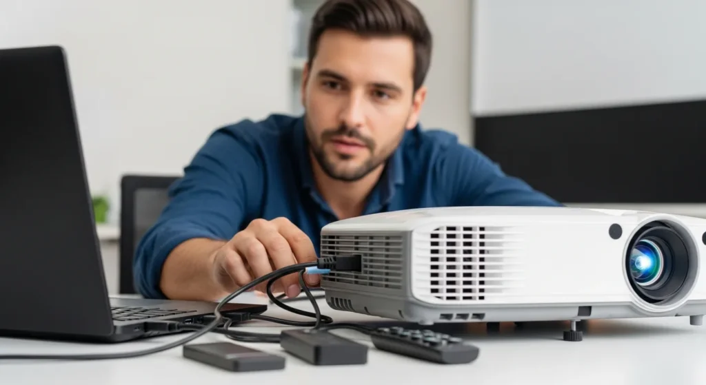 Find out How Do I Connect Laptop To Projector: Ultimate Gadgets & Gear Guide as a man plugs a cable into a white projector.