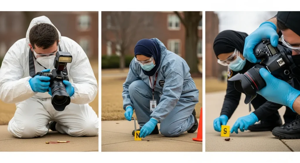 Forensic experts documenting evidence. How Does Virginia Tech Crime Scene Photos Work? General News Analysis of processes.