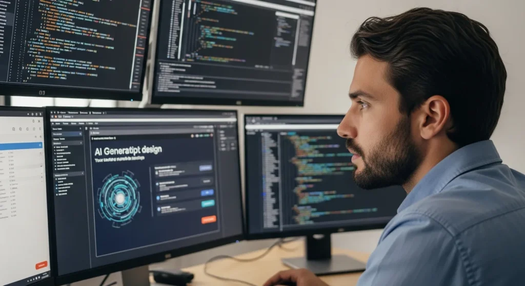 Developer learning how Generative AI with Vertex AI Prompt Design Is Changing Tech while working on multiple code monitors.