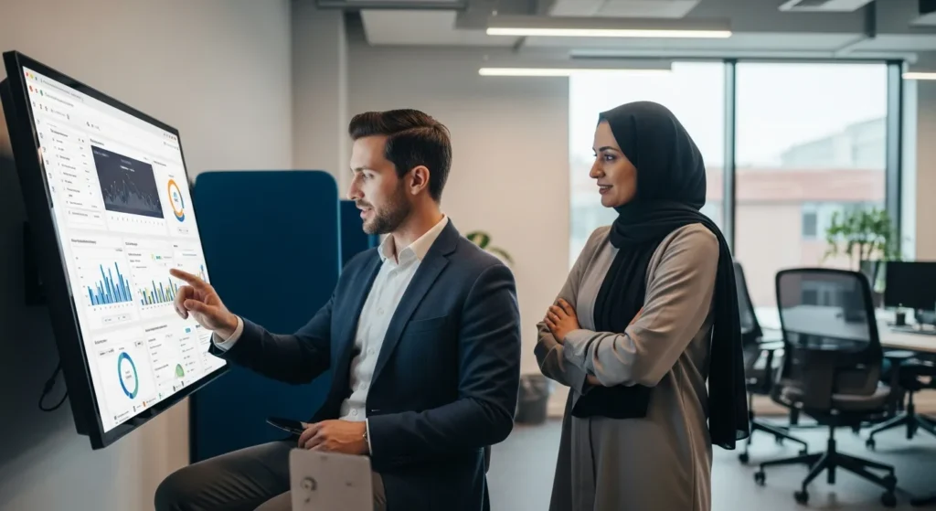 Example of How Higher Education CRM Software Is Revolutionizing Enterprise Tech on a large office data dashboard.