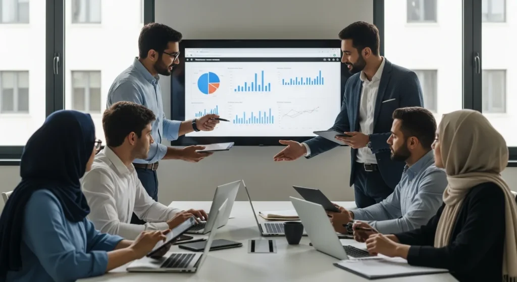 Team reviewing How To Use CRM Alternative: Complete Enterprise Tech Guide 2026 data on a screen in a modern office.