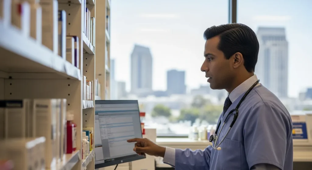 Professional at a computer for Pharmacy Tech Salary San Diego: 2026 General News & Career Guide in a medical setting.