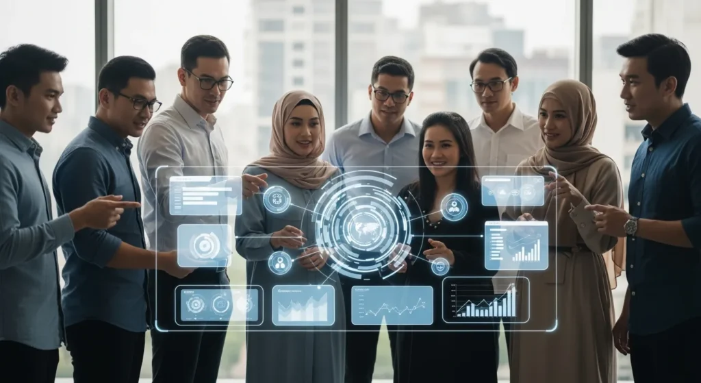 Professionals exploring The Future of HR Tech Stack: 2026 General News & Trends via a holographic interface.