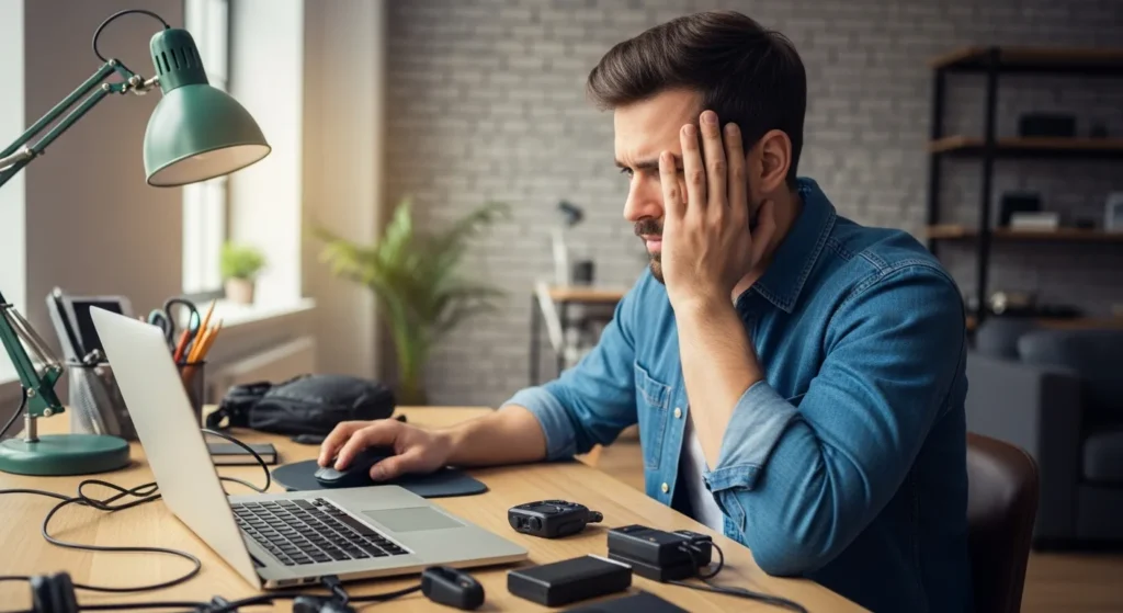 Frustrated man at a desk. What Are The Benefits Of Laptop Mouse Won’t Move? Gadgets & Gear Guide.