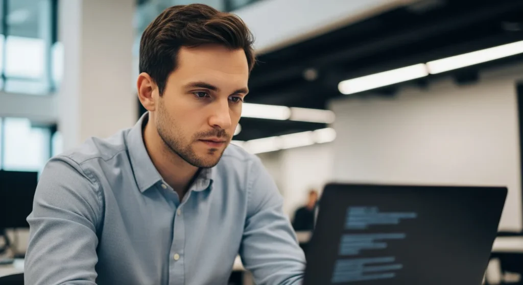 Developer reading What Is Full Disk Encryption Software? Enterprise Tech Guide 2026 on a laptop in a modern office.