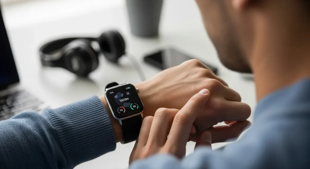 Man using a wearable from What Is Nord Smartwatch? Ultimate Gadgets & Gear Guide while sitting at a workspace.