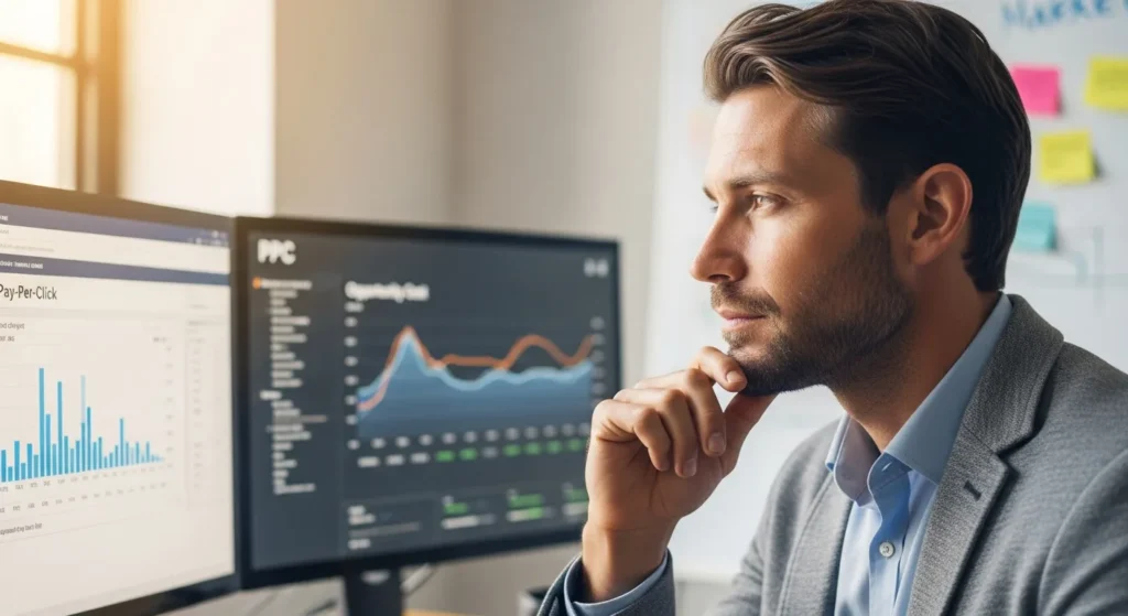 Analyst reviewing PPC data for What Is Opportunity Cost On PPC? A Digital Marketing Guide.