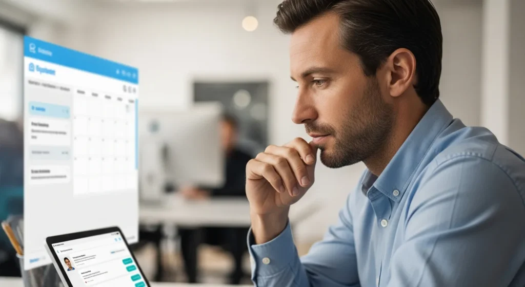 Man looking at calendar apps, showing Why Appointment Chatbots Are Crucial: AI Revolution in Scheduling.